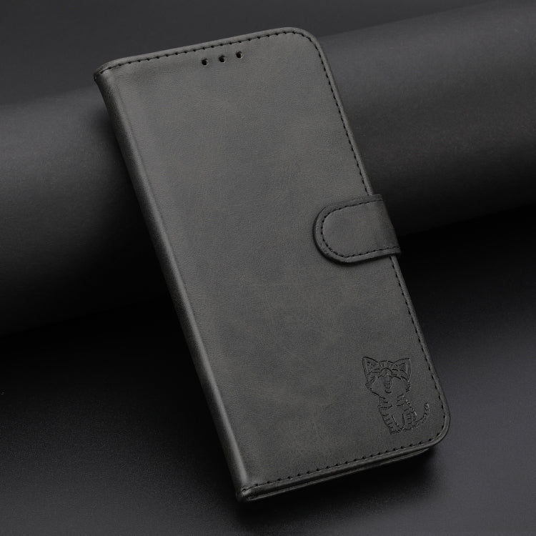 For iPhone 16e Embossed Happy Cat Pattern Flip Leather Phone Case(Black) - iPhone 16e Cases by PMC TechLife | Online Shopping South Africa | PMC TechLife | Buy Now Pay Later Mobicred