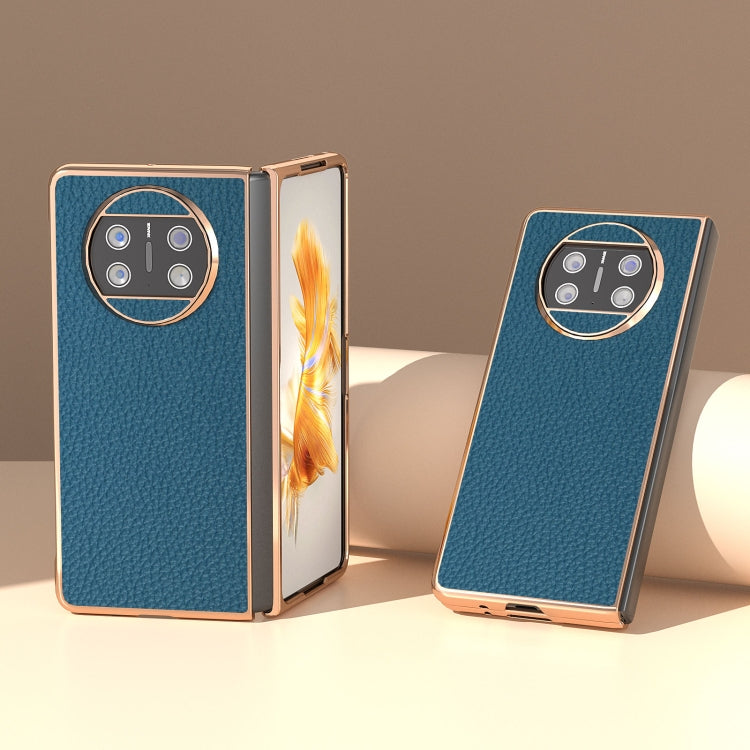 For Huawei Mate X3 Electroplating Genuine Leather Litchi Texture Phone Case(Blue) - Huawei Cases by PMC TechLife | Online Shopping South Africa | PMC TechLife | Buy Now Pay Later Mobicred