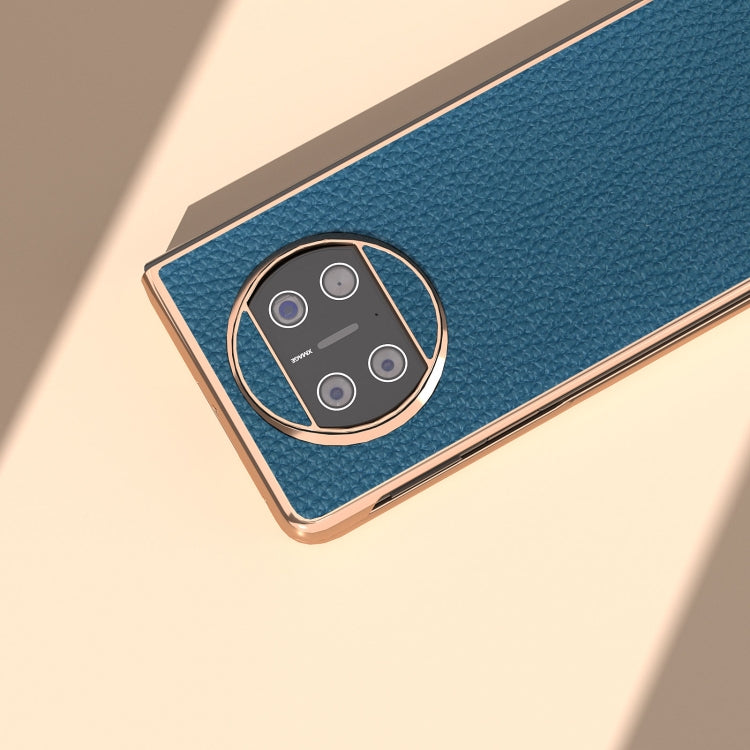 For Huawei Mate X3 Electroplating Genuine Leather Litchi Texture Phone Case(Blue) - Huawei Cases by PMC TechLife | Online Shopping South Africa | PMC TechLife | Buy Now Pay Later Mobicred