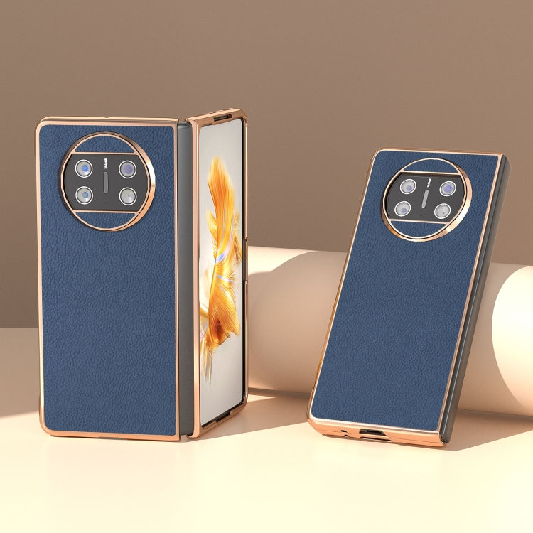 For Huawei Mate X3 Electroplating Genuine Leather + PC Litchi Texture Phone Case(Blue) - Huawei Cases by PMC TechLife | Online Shopping South Africa | PMC TechLife | Buy Now Pay Later Mobicred