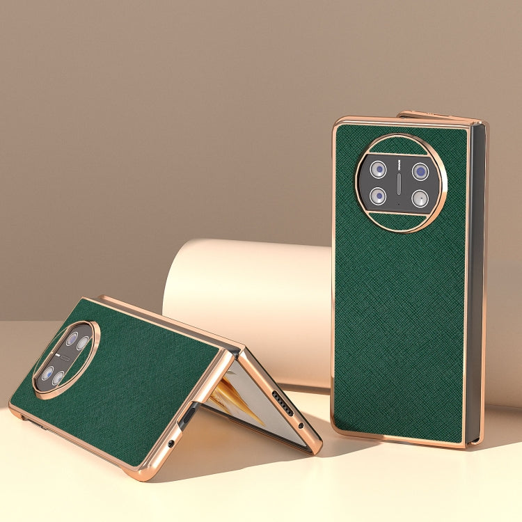 For Huawei Mate X3 Electroplating Cross Texture Genuine Leather Phone Case(Green) - Huawei Cases by PMC TechLife | Online Shopping South Africa | PMC TechLife | Buy Now Pay Later Mobicred
