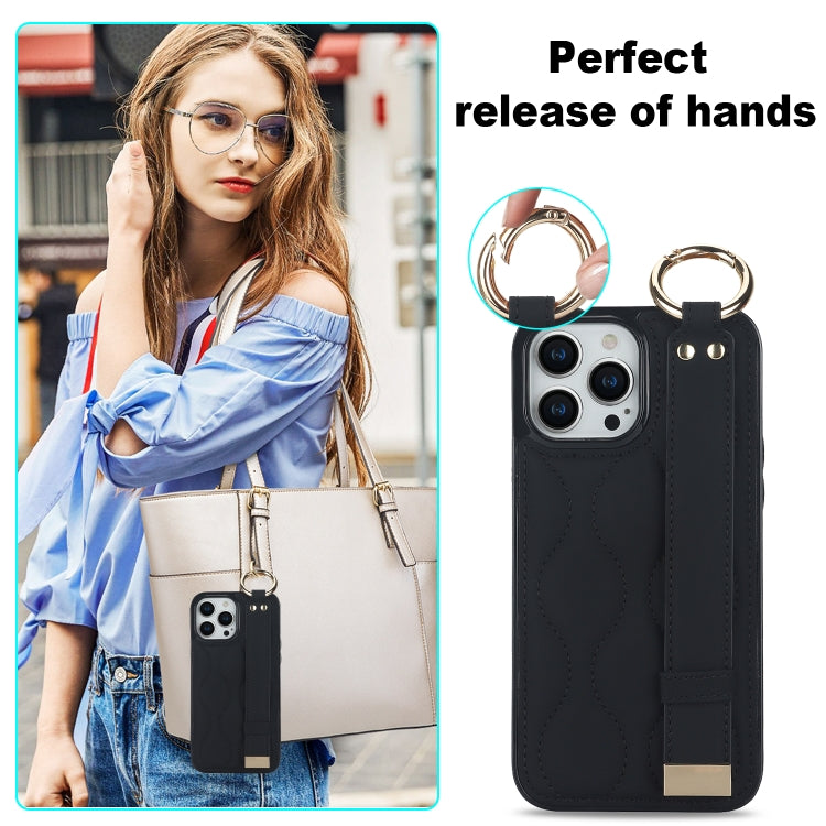 For iPhone 14 Pro Non-slip Full Coverage Ring PU Phone Case with Wristband(Black) - iPhone 14 Pro Cases by PMC TechLife | Online Shopping South Africa | PMC TechLife