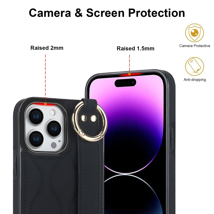 For iPhone 14 Pro Non-slip Full Coverage Ring PU Phone Case with Wristband(Black) - iPhone 14 Pro Cases by PMC TechLife | Online Shopping South Africa | PMC TechLife