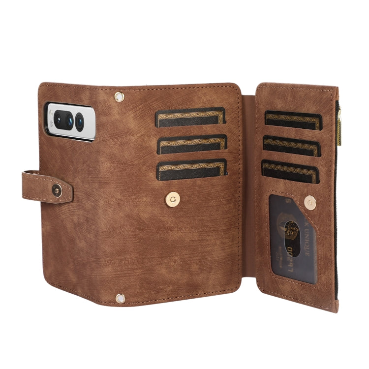 For Google Pixel Fold Dream 9-Card Wallet Zipper Bag Leather Phone Case(Brown) - Google Cases by PMC TechLife | Online Shopping South Africa | PMC TechLife | Buy Now Pay Later Mobicred