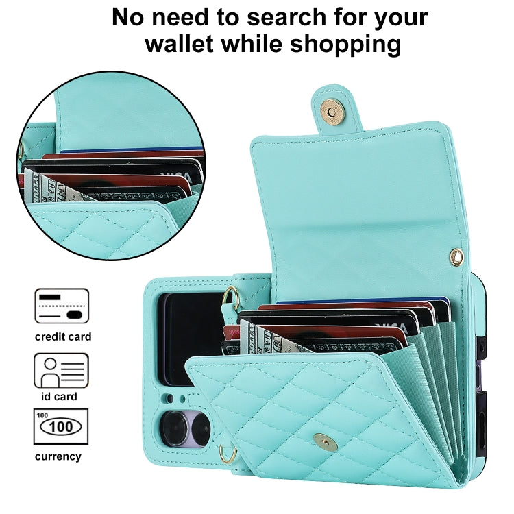 For OPPO Find N2 Flip Rhombic Texture Card Bag PU Phone Case with Long Lanyard(Mint Green) - Find N2 Flip Cases by PMC TechLife | Online Shopping South Africa | PMC TechLife