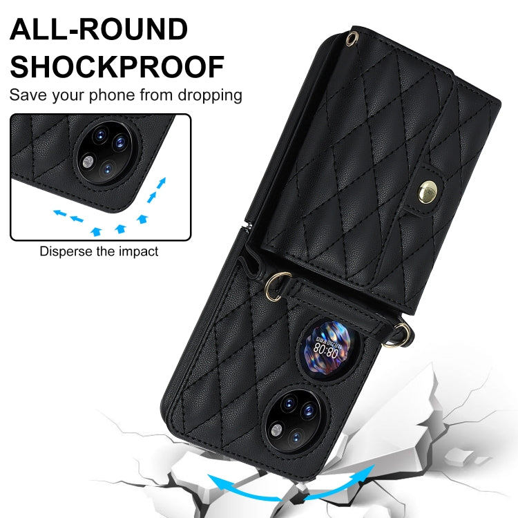 For Huawei P50 Pocket Rhombic Texture Card Bag PU Phone Case with Long Lanyard(Black) - Huawei Cases by PMC TechLife | Online Shopping South Africa | PMC TechLife | Buy Now Pay Later Mobicred