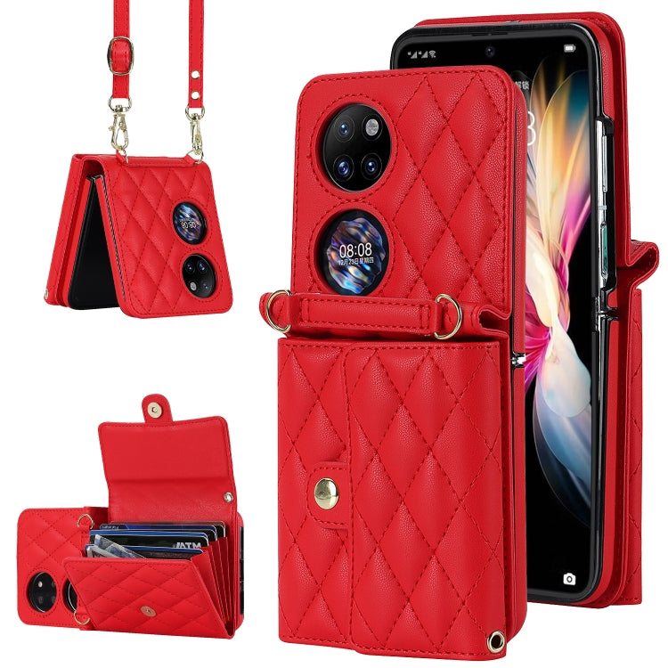 For Huawei P50 Pocket Rhombic Texture Card Bag PU Phone Case with Long Lanyard(Red) - Huawei Cases by PMC TechLife | Online Shopping South Africa | PMC TechLife | Buy Now Pay Later Mobicred