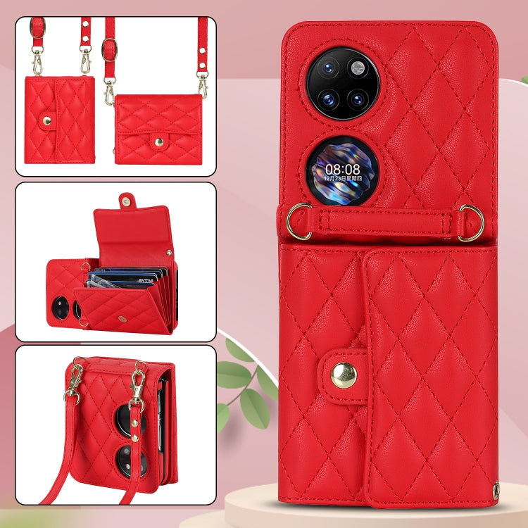 For Huawei P50 Pocket Rhombic Texture Card Bag PU Phone Case with Long Lanyard(Red) - Huawei Cases by PMC TechLife | Online Shopping South Africa | PMC TechLife | Buy Now Pay Later Mobicred