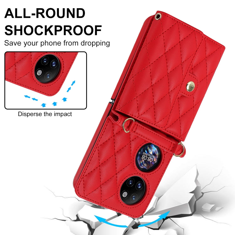 For Huawei P50 Pocket Rhombic Texture Card Bag PU Phone Case with Long Lanyard(Red) - Huawei Cases by PMC TechLife | Online Shopping South Africa | PMC TechLife | Buy Now Pay Later Mobicred