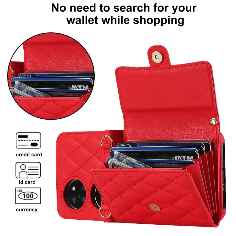 For Huawei P50 Pocket Rhombic Texture Card Bag PU Phone Case with Long Lanyard(Red) - Huawei Cases by PMC TechLife | Online Shopping South Africa | PMC TechLife | Buy Now Pay Later Mobicred