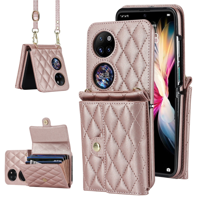 For Huawei P50 Pocket Rhombic Texture Card Bag PU Phone Case with Long Lanyard(Rose Gold) - Huawei Cases by PMC TechLife | Online Shopping South Africa | PMC TechLife | Buy Now Pay Later Mobicred