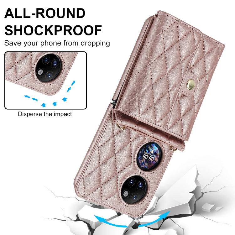 For Huawei P50 Pocket Rhombic Texture Card Bag PU Phone Case with Long Lanyard(Rose Gold) - Huawei Cases by PMC TechLife | Online Shopping South Africa | PMC TechLife | Buy Now Pay Later Mobicred