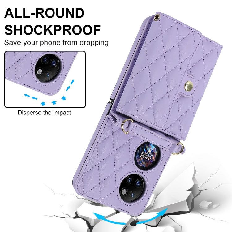 For Huawei P50 Pocket Rhombic Texture Card Bag PU Phone Case with Long Lanyard(Purple) - Huawei Cases by PMC TechLife | Online Shopping South Africa | PMC TechLife | Buy Now Pay Later Mobicred
