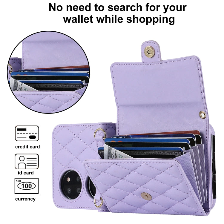 For Huawei P50 Pocket Rhombic Texture Card Bag PU Phone Case with Long Lanyard(Purple) - Huawei Cases by PMC TechLife | Online Shopping South Africa | PMC TechLife | Buy Now Pay Later Mobicred