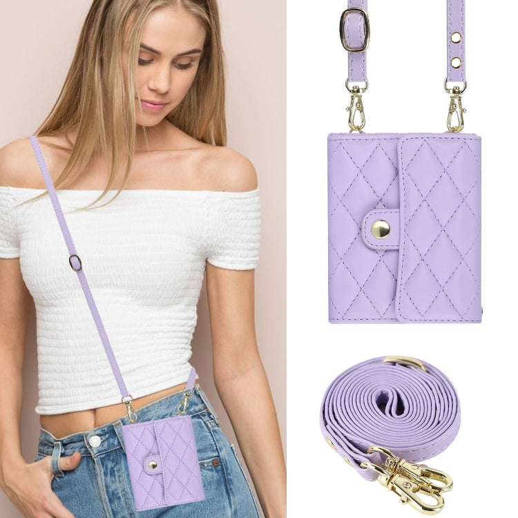 For Huawei P50 Pocket Rhombic Texture Card Bag PU Phone Case with Long Lanyard(Purple) - Huawei Cases by PMC TechLife | Online Shopping South Africa | PMC TechLife | Buy Now Pay Later Mobicred