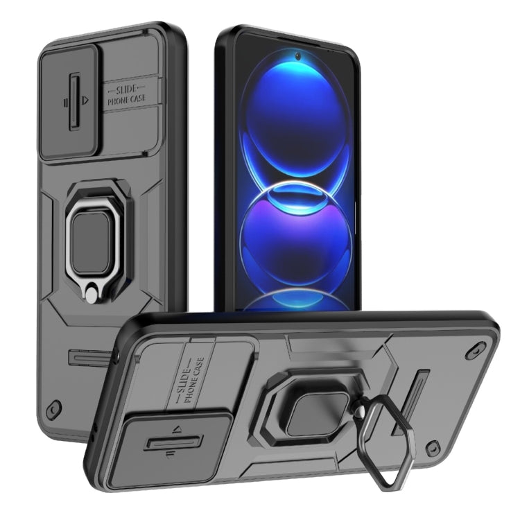 For Xiaomi Redmi Note 12 5G Global Sliding Camshield TPU + PC Shockproof Phone Case with Holder(Black) - Xiaomi Cases by PMC TechLife | Online Shopping South Africa | PMC TechLife | Buy Now Pay Later Mobicred