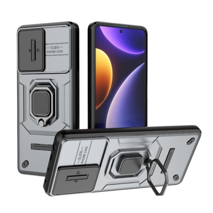 For Xiaomi Redmi Note 12 Turbo 5G Sliding Camshield TPU + PC Shockproof Phone Case with Holder(Grey) - Xiaomi Cases by PMC TechLife | Online Shopping South Africa | PMC TechLife | Buy Now Pay Later Mobicred