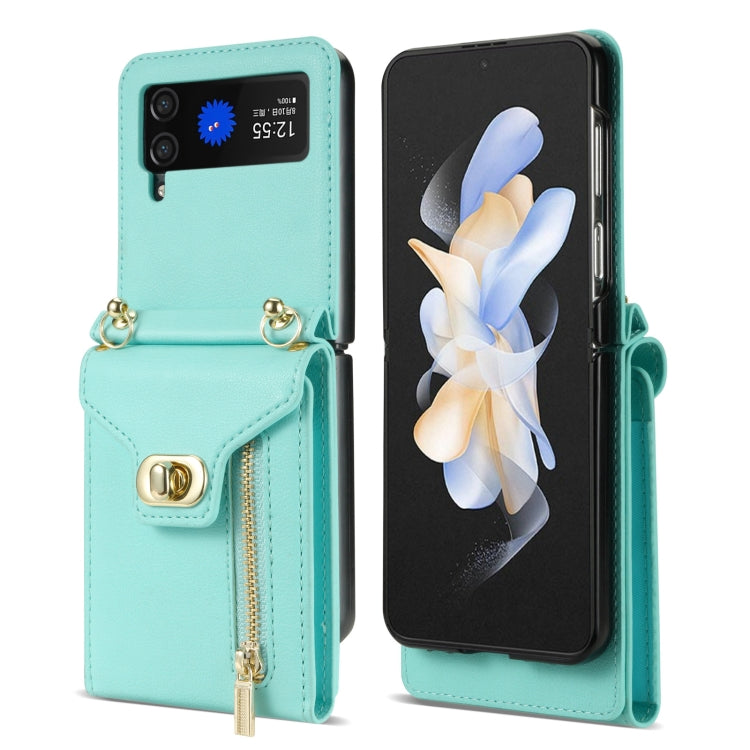 For Samsung Galaxy Z Flip4 Zipper Card Slots Folding Phone Case with Long Lanyard(Mint Green) - Galaxy Z Flip4 5G Cases by PMC TechLife | Online Shopping South Africa | PMC TechLife