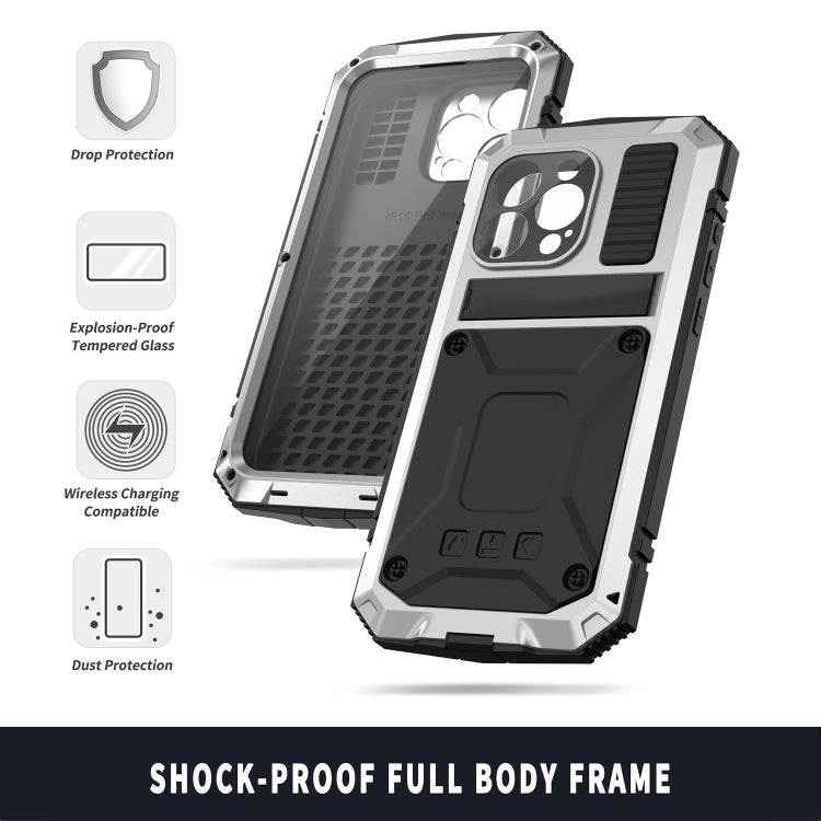 For iPhone 15 Pro Max R-JUST Shockproof Life Waterproof Dust-proof Metal + Silicone Phone Case with Holder(Silver) - iPhone 15 Pro Max Cases by R-JUST | Online Shopping South Africa | PMC TechLife