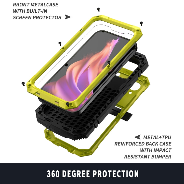 For iPhone 15 Plus R-JUST Shockproof Life Waterproof Dust-proof Metal + Silicone Phone Case with Holder(Yellow) - iPhone 15 Plus Cases by R-JUST | Online Shopping South Africa | PMC TechLife