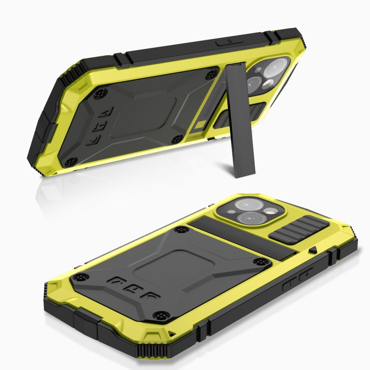 For iPhone 15 R-JUST Shockproof Life Waterproof Dust-proof Metal + Silicone Phone Case with Holder(Yellow) - iPhone 15 Cases by R-JUST | Online Shopping South Africa | PMC TechLife | Buy Now Pay Later Mobicred
