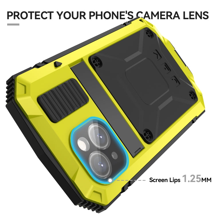 For iPhone 15 R-JUST Shockproof Life Waterproof Dust-proof Metal + Silicone Phone Case with Holder(Yellow) - iPhone 15 Cases by R-JUST | Online Shopping South Africa | PMC TechLife | Buy Now Pay Later Mobicred