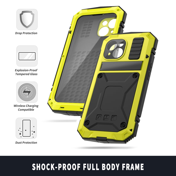 For iPhone 15 R-JUST Shockproof Life Waterproof Dust-proof Metal + Silicone Phone Case with Holder(Yellow) - iPhone 15 Cases by R-JUST | Online Shopping South Africa | PMC TechLife | Buy Now Pay Later Mobicred