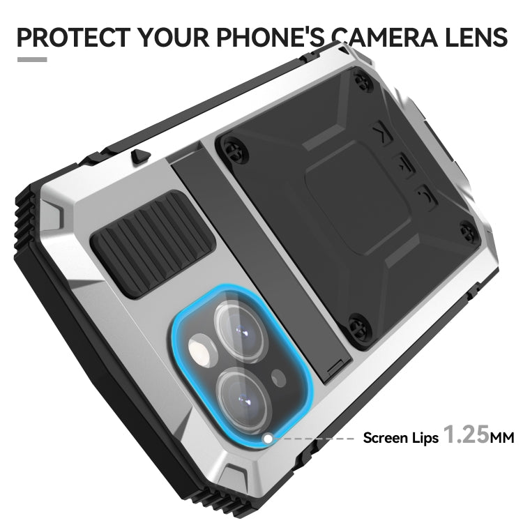 For iPhone 15 R-JUST Shockproof Life Waterproof Dust-proof Metal + Silicone Phone Case with Holder(Silver) - iPhone 15 Cases by R-JUST | Online Shopping South Africa | PMC TechLife | Buy Now Pay Later Mobicred