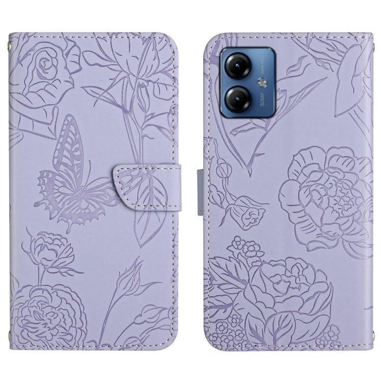 For Motorola Moto G54 HT03 Skin Feel Butterfly Embossed Flip Leather Phone Case(Purple) - Motorola Cases by PMC TechLife | Online Shopping South Africa | PMC TechLife | Buy Now Pay Later Mobicred