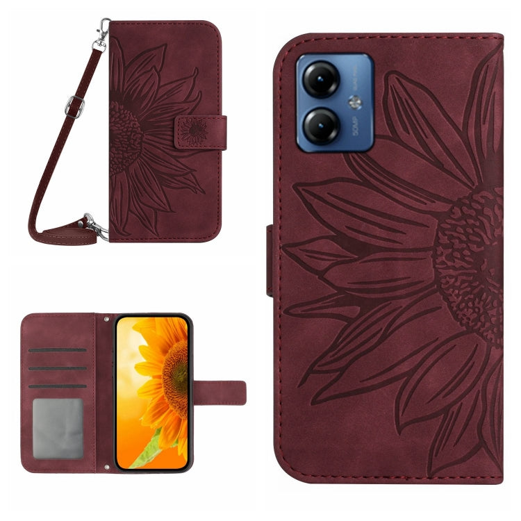 For Motorola Moto G54 HT04 Skin Feel Sun Flower Embossed Flip Leather Phone Case with Lanyard(Wine Red) - Motorola Cases by PMC TechLife | Online Shopping South Africa | PMC TechLife | Buy Now Pay Later Mobicred