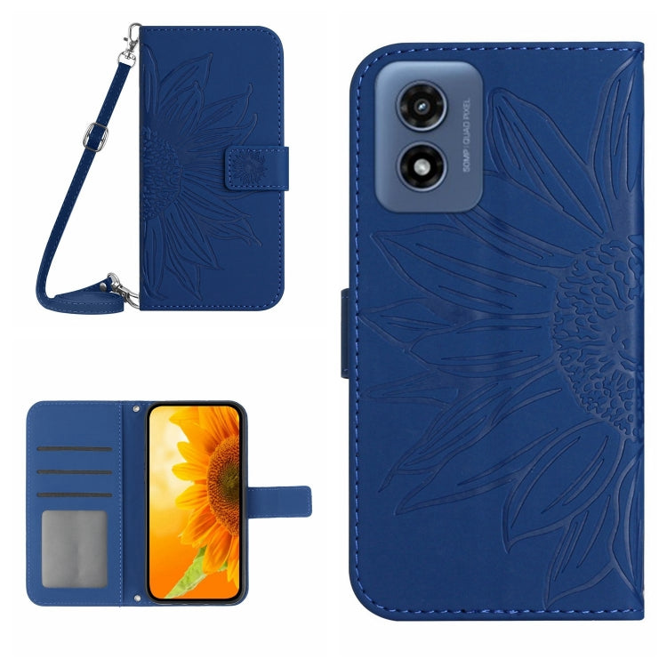 For Motorola Moto G Play 4G 2024 HT04 Skin Feel Sun Flower Embossed Flip Leather Phone Case with Lanyard(Dark Blue) - Motorola Cases by PMC Jewellery | Online Shopping South Africa | PMC Jewellery | Buy Now Pay Later Mobicred