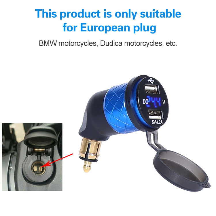 German EU Plug Special Motorcycle Elbow Charger Dual USB Voltmeter 4.2A Charger, Shell Color:Black(Red Light) - Battery Charger by PMC TechLife | Online Shopping South Africa | PMC TechLife | Buy Now Pay Later Mobicred