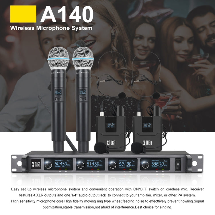 XTUGA A140-H Wireless Microphone System 4 Channel UHF Handheld Microphone(US Plug) - Microphone by XTUGA | Online Shopping South Africa | PMC TechLife | Buy Now Pay Later Mobicred