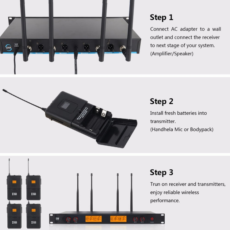 XTUGA A400-HB Professional 4-Channel UHF Wireless Microphone System with 2 Handheld & 2 Headset Microphone(AU Plug) - Microphone by XTUGA | Online Shopping South Africa | PMC TechLife | Buy Now Pay Later Mobicred