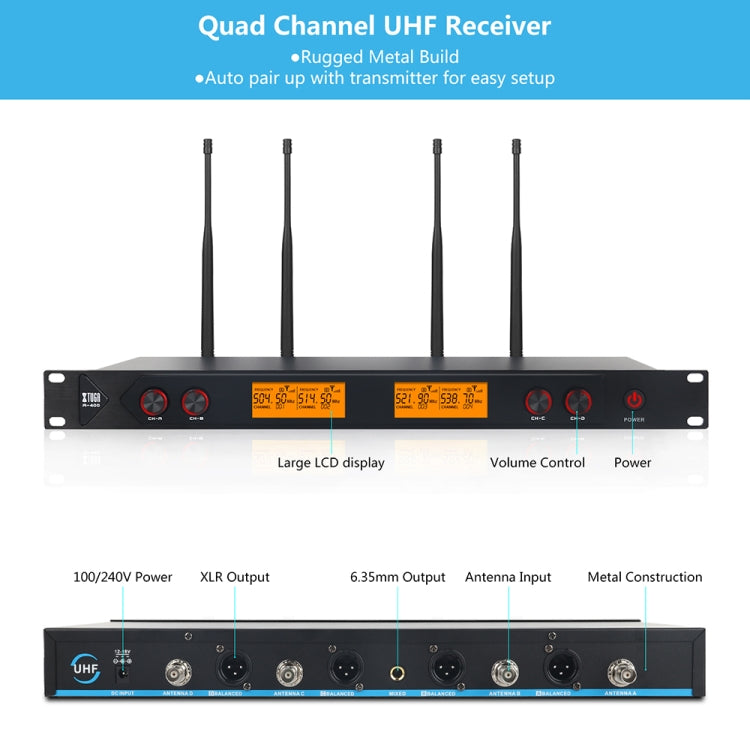 XTUGA A400-B Professional 4-Channel UHF Wireless Microphone System with 4 BodyPack Lavalier Headset Microphone(AU Plug) - free shipping - PMC Jewellery - Order now!
