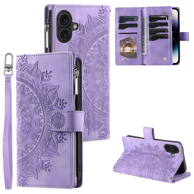 For iPhone 16 Plus Multi-Card Totem Zipper Leather Phone Case(Purple) - iPhone 16 Plus Cases by PMC TechLife | Online Shopping South Africa | PMC TechLife | Buy Now Pay Later Mobicred