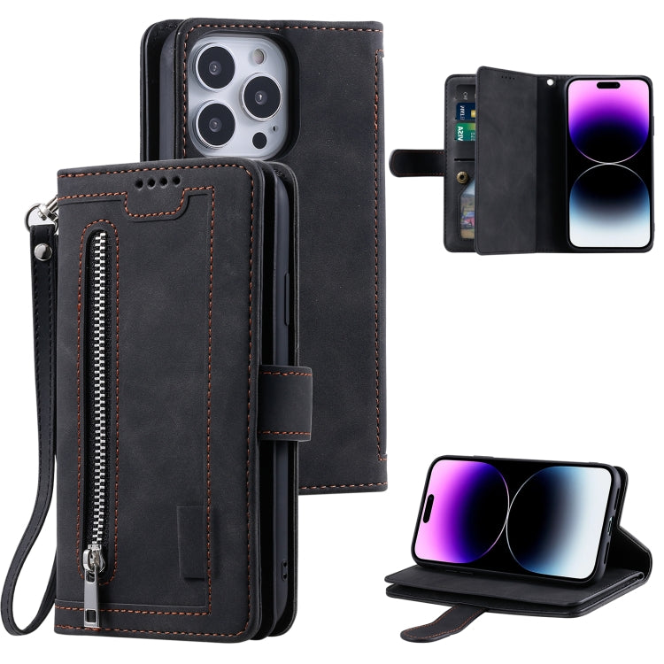 For iPhone 16 Pro Max Nine Card Zipper Bag Leather Phone Case with Lanyard(Black) - iPhone 16 Pro Max Cases by PMC TechLife | Online Shopping South Africa | PMC TechLife | Buy Now Pay Later Mobicred