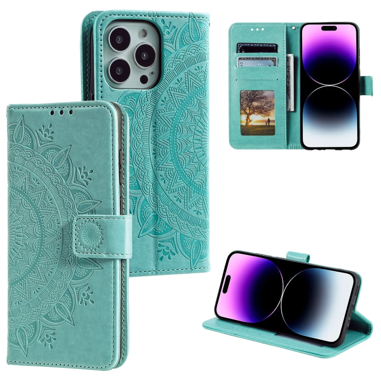 For iPhone 16 Pro Max Totem Flower Embossed Leather Phone Case(Green) - iPhone 16 Pro Max Cases by PMC TechLife | Online Shopping South Africa | PMC TechLife | Buy Now Pay Later Mobicred