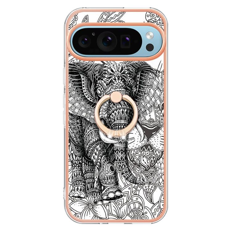 For Google Pixel 9 Pro XL Electroplating Dual-side IMD Phone Case with Ring Holder(Totem Elephant) - Google Cases by PMC TechLife | Online Shopping South Africa | PMC TechLife | Buy Now Pay Later Mobicred