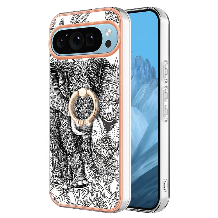 For Google Pixel 9 / 9 Pro Electroplating Dual-side IMD Phone Case with Ring Holder(Totem Elephant) - Google Cases by PMC TechLife | Online Shopping South Africa | PMC TechLife | Buy Now Pay Later Mobicred