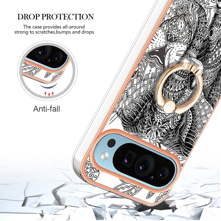 For Google Pixel 9 / 9 Pro Electroplating Dual-side IMD Phone Case with Ring Holder(Totem Elephant) - Google Cases by PMC TechLife | Online Shopping South Africa | PMC TechLife | Buy Now Pay Later Mobicred