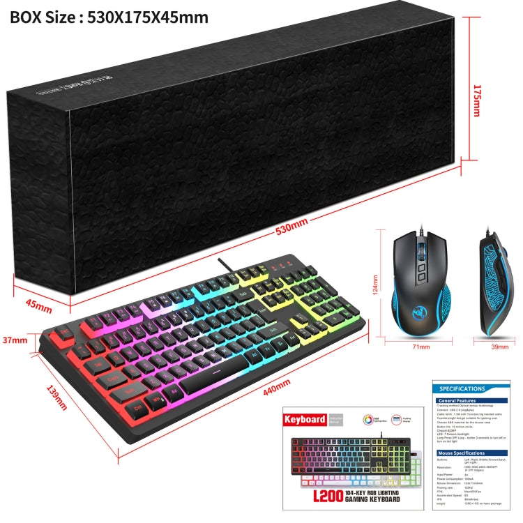HXSJ L200+X100 Wired RGB Backlit Keyboard and Mouse Set 104 Pudding Key Caps + 3600DPI Mouse(Black) - free shipping - PMC Jewellery - Order now!