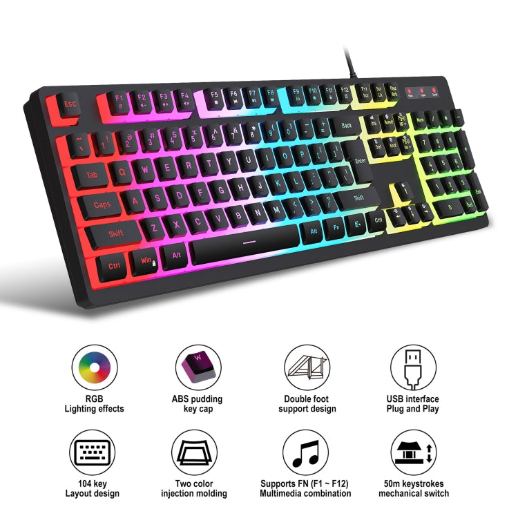 HXSJ L200+X100 Wired RGB Backlit Keyboard and Mouse Set 104 Pudding Key Caps + 3600DPI Mouse(Black) - free shipping - PMC Jewellery - Order now!