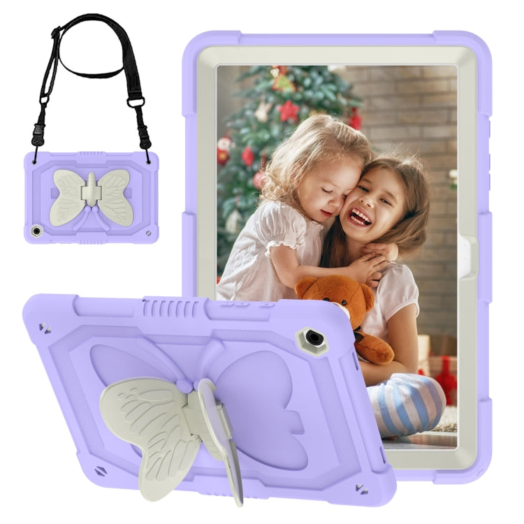 For Samsung Galaxy Tab A9+ Butterfly Kickstand Heavy Duty Hard Rugged Tablet Case(Beige+Raro Purple) - Galaxy Tab A9+ by PMC TechLife | Online Shopping South Africa | PMC TechLife | Buy Now Pay Later Mobicred