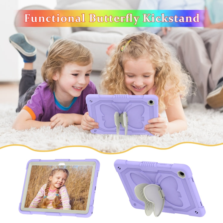 For Samsung Galaxy Tab A9+ Butterfly Kickstand Heavy Duty Hard Rugged Tablet Case(Beige+Raro Purple) - Galaxy Tab A9+ by PMC TechLife | Online Shopping South Africa | PMC TechLife | Buy Now Pay Later Mobicred