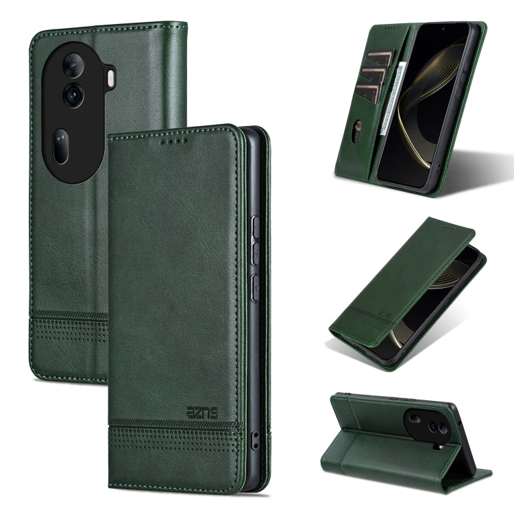 For OPPO Reno11 China AZNS Magnetic Calf Texture Flip Leather Phone Case(Dark Green) - free shipping - PMC Jewellery - Order now!