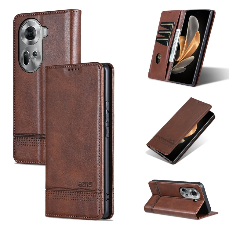 For OPPO Reno11 Global AZNS Magnetic Calf Texture Flip Leather Phone Case(Dark Brown) - OPPO Cases by AZNS | Online Shopping South Africa | PMC Jewellery | Buy Now Pay Later Mobicred