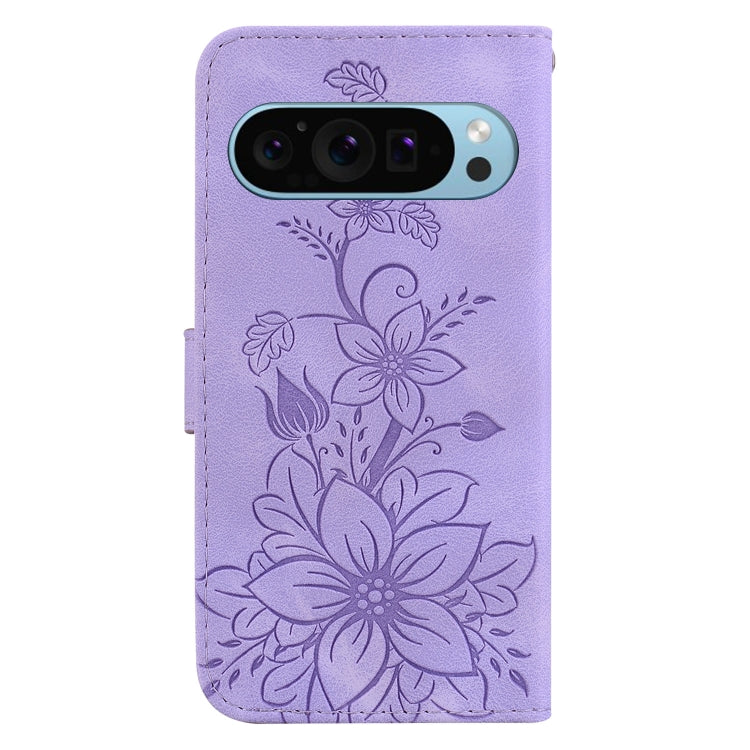 For Google Pixel 9 Pro Lily Embossed Leather Phone Case(Purple) - Google Cases by PMC TechLife | Online Shopping South Africa | PMC TechLife | Buy Now Pay Later Mobicred
