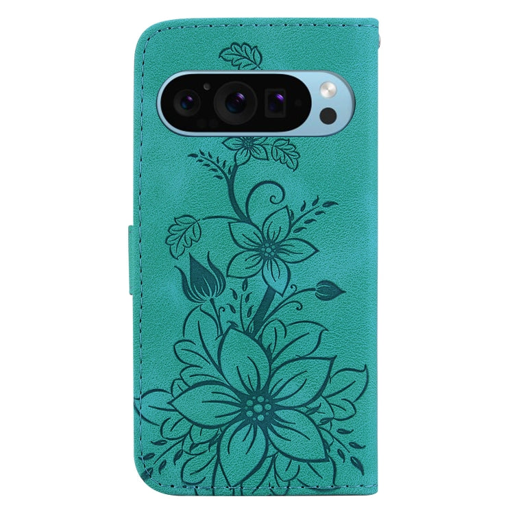 For Google Pixel 9 Lily Embossed Leather Phone Case(Green) - Google Cases by PMC TechLife | Online Shopping South Africa | PMC TechLife | Buy Now Pay Later Mobicred