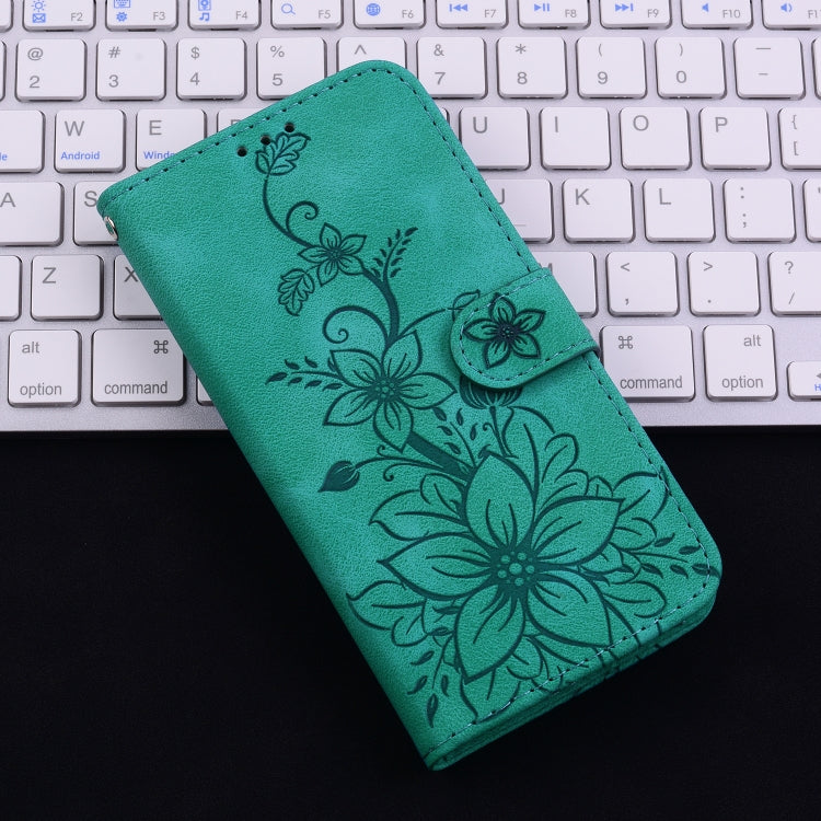 For iPhone 16e Lily Embossed Leather Phone Case(Green) - iPhone 16e Cases by PMC TechLife | Online Shopping South Africa | PMC TechLife | Buy Now Pay Later Mobicred